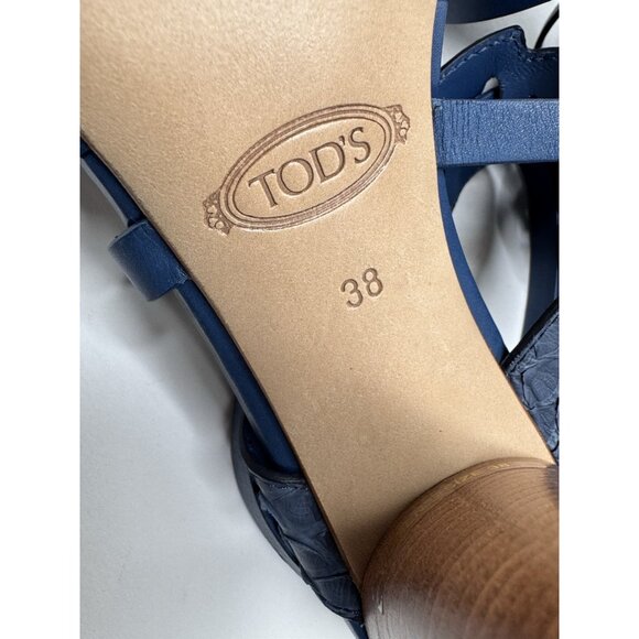 Tod’s Blue 4” Heel Leather Ankle Strappy Tie Sandal 38 Size 8 MINT - Picture 9 of 11